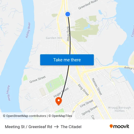 Meeting St / Greenleaf Rd to The Citadel map