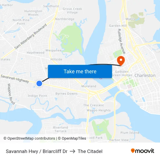 Savannah Hwy / Briarcliff Dr to The Citadel map