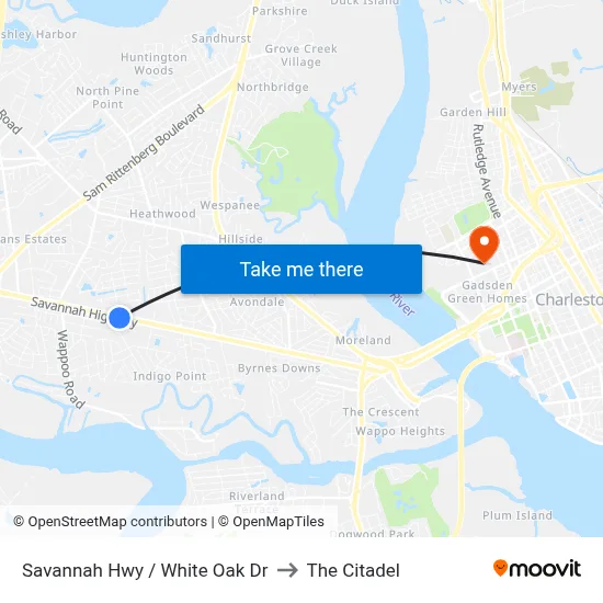 Savannah Hwy / White Oak Dr to The Citadel map