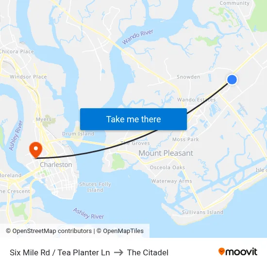 Six Mile Rd / Tea Planter Ln to The Citadel map