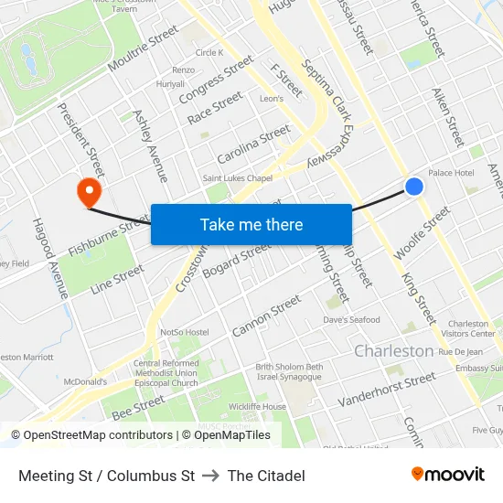 Meeting St / Columbus St to The Citadel map