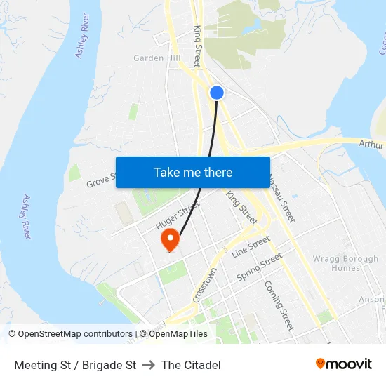 Meeting St / Brigade St to The Citadel map