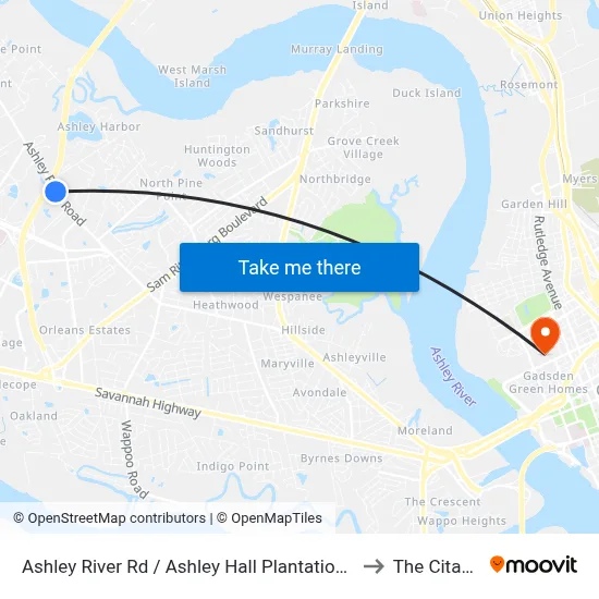 Ashley River Rd / Ashley Hall Plantation Rd to The Citadel map