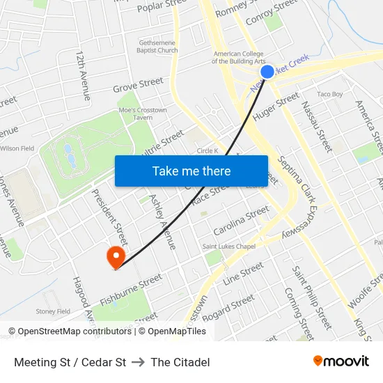 Meeting St / Cedar St to The Citadel map