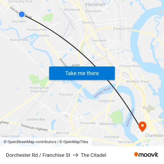 Dorchester Rd / Franchise St to The Citadel map
