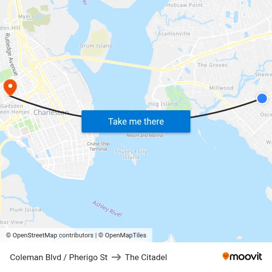 Coleman Blvd / Pherigo St to The Citadel map