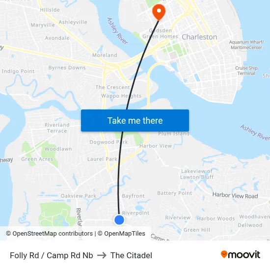 Folly Rd / Camp Rd Nb to The Citadel map