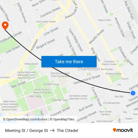 Meeting St / George St to The Citadel map