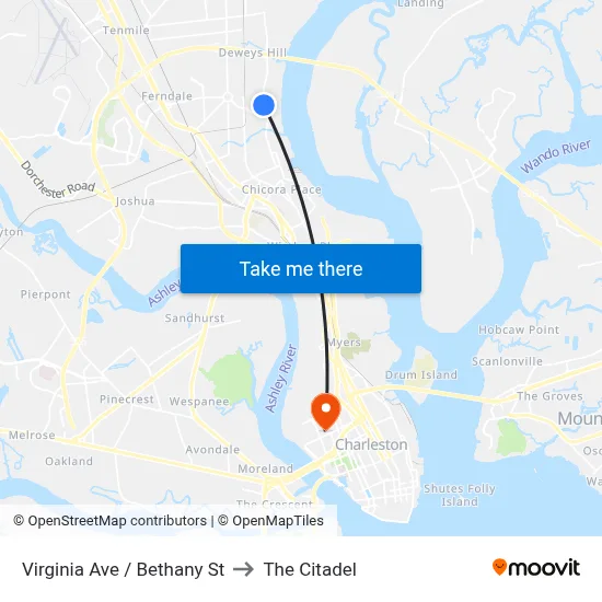 Virginia Ave / Bethany St to The Citadel map
