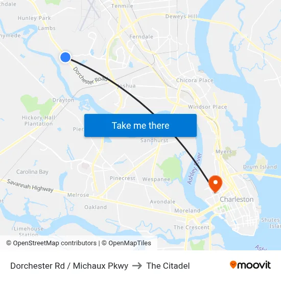 Dorchester Rd / Michaux Pkwy to The Citadel map