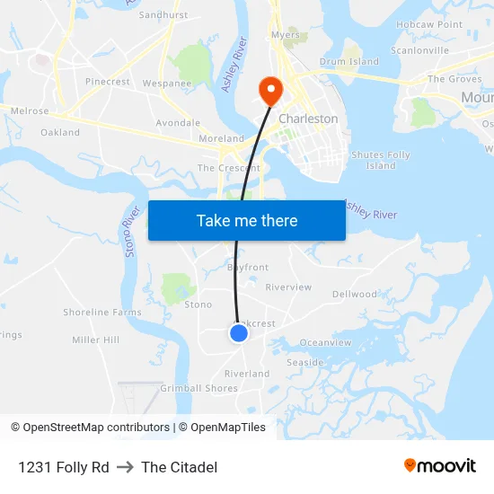 1231 Folly Rd to The Citadel map