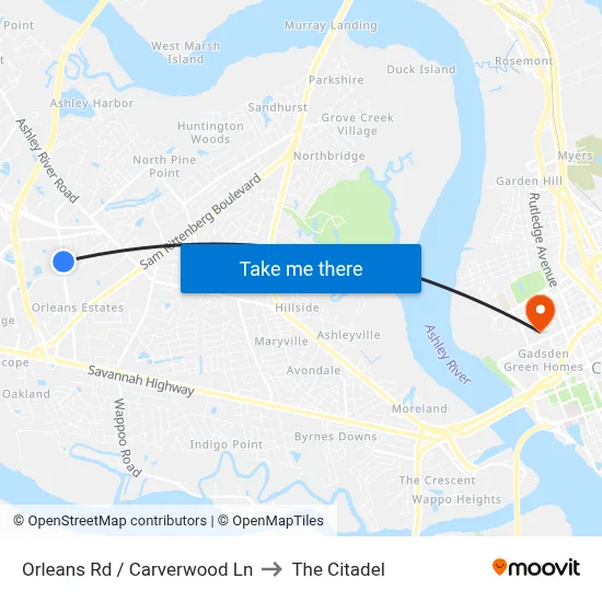 Orleans Rd / Carverwood Ln to The Citadel map