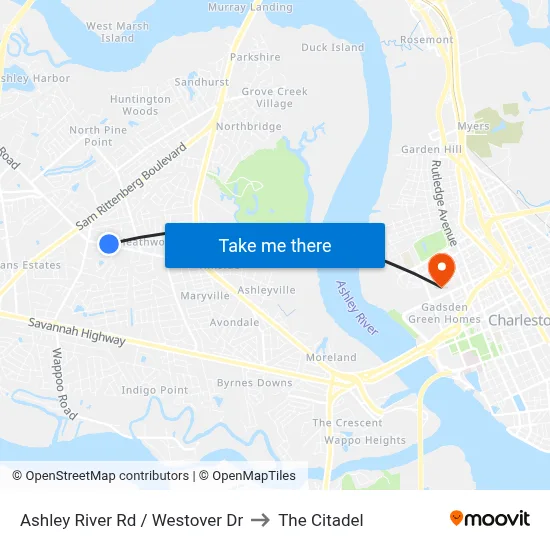 Ashley River Rd / Westover Dr to The Citadel map