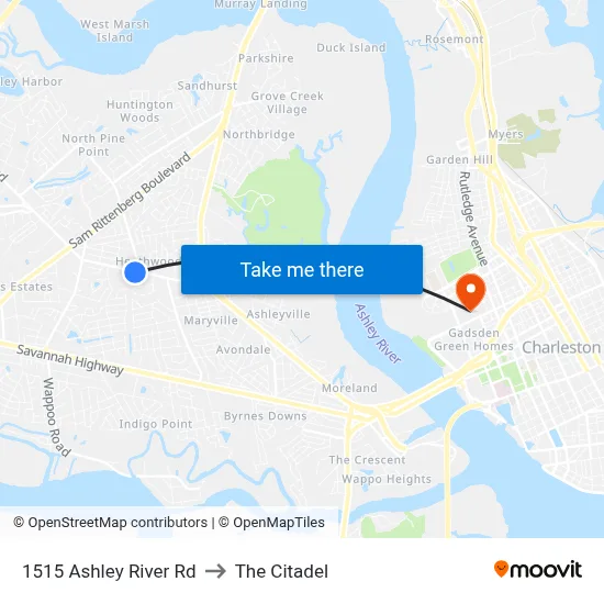 1515 Ashley River Rd to The Citadel map