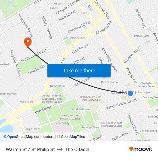 Warren St / St Philip St to The Citadel map
