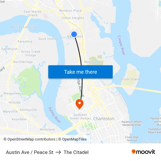 Austin Ave / Peace St to The Citadel map