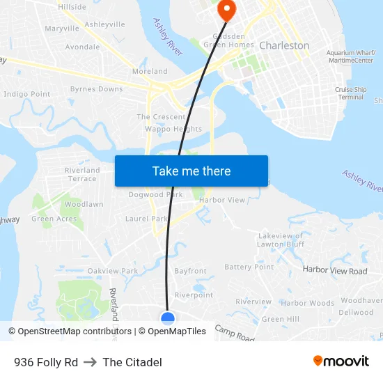 936 Folly Rd to The Citadel map