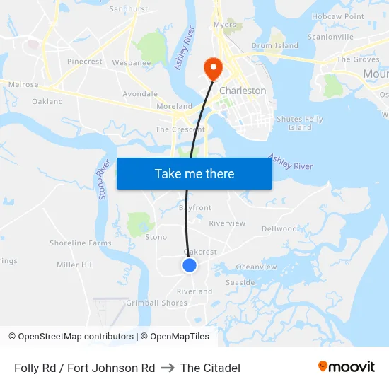 Folly Rd / Fort Johnson Rd to The Citadel map