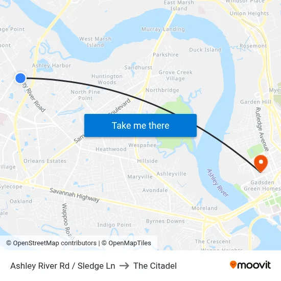Ashley River Rd / Sledge Ln to The Citadel map