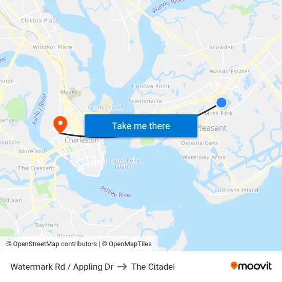 Watermark Rd / Appling Dr to The Citadel map