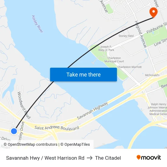Savannah Hwy / West Harrison Rd to The Citadel map