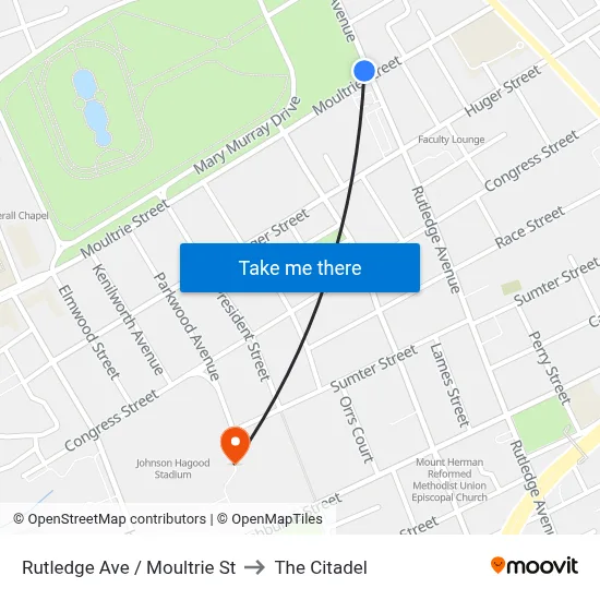 Rutledge Ave / Moultrie St to The Citadel map