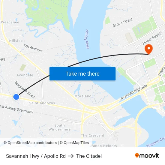 Savannah Hwy / Apollo Rd to The Citadel map