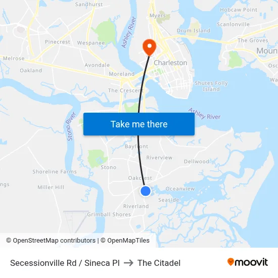 Secessionville  Rd / Sineca Pl to The Citadel map