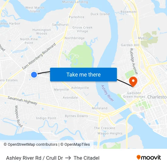 Ashley River Rd / Crull Dr to The Citadel map