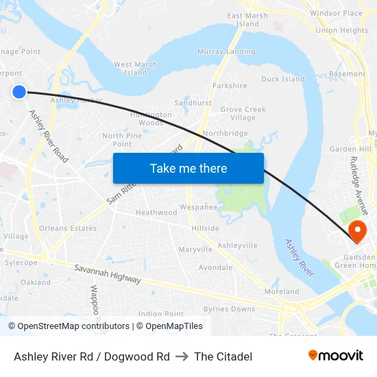 Ashley River Rd / Dogwood Rd to The Citadel map