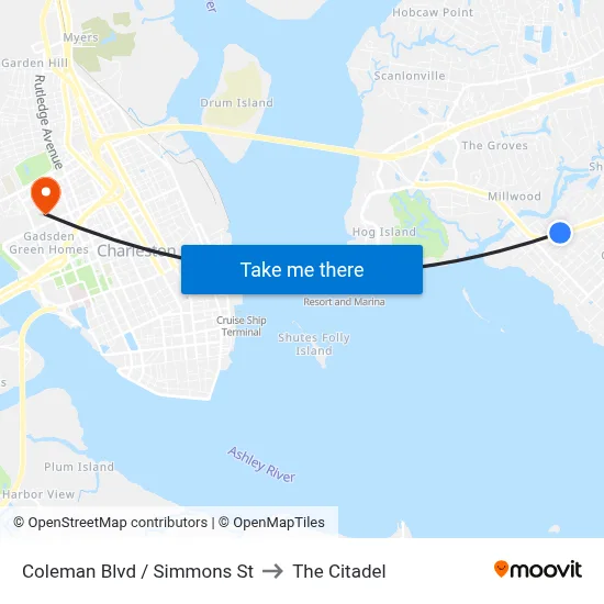 Coleman Blvd / Simmons St to The Citadel map