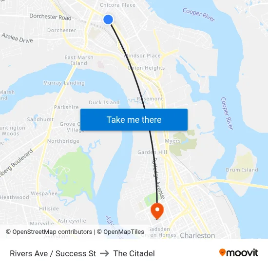 Rivers Ave / Success St to The Citadel map