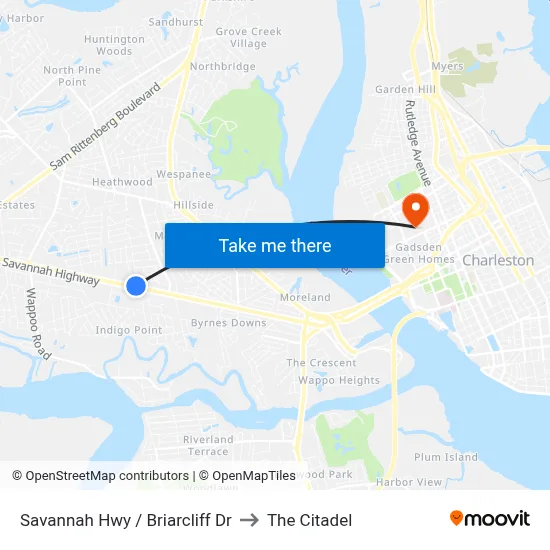 Savannah Hwy / Briarcliff Dr to The Citadel map