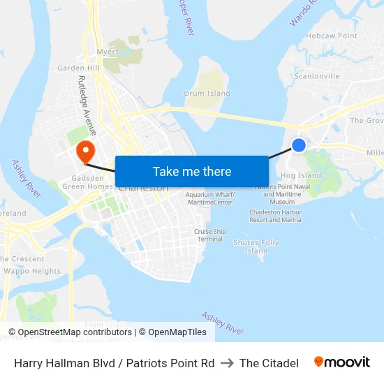 Harry Hallman Blvd / Patriots Point Rd to The Citadel map