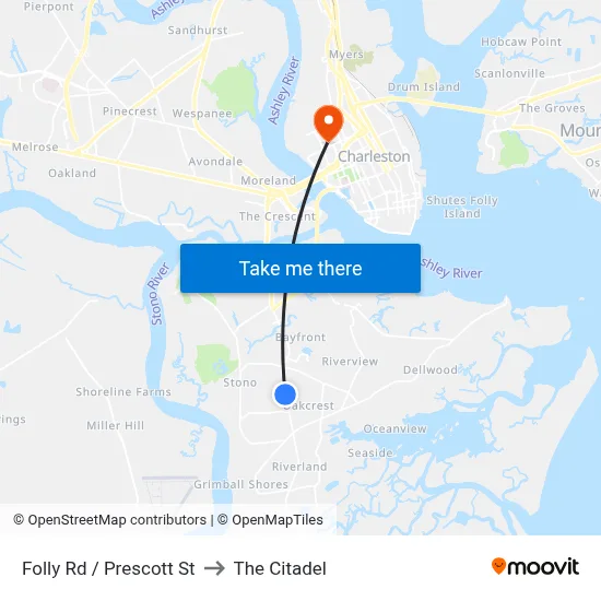 Folly Rd / Prescott St to The Citadel map