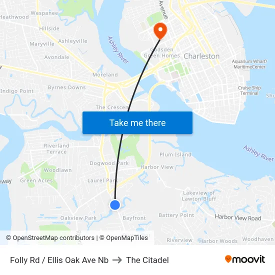 Folly Rd / Ellis Oak Ave Nb to The Citadel map
