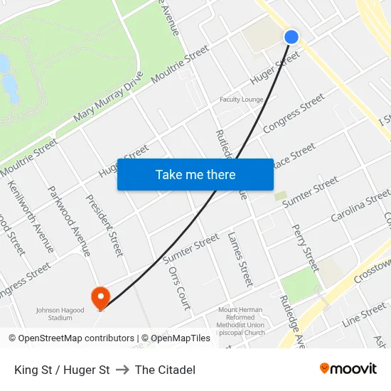 King St / Huger St to The Citadel map