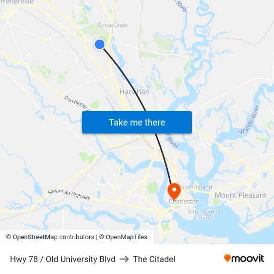 Hwy 78 / Old University Blvd to The Citadel map