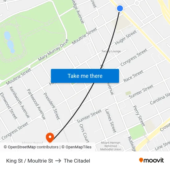 King St / Moultrie St to The Citadel map