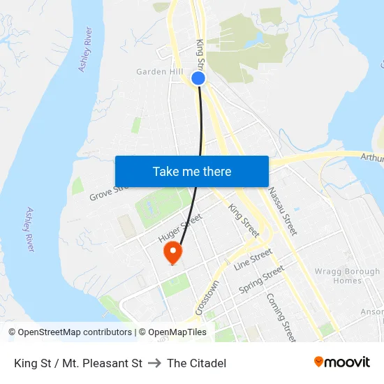 King St / Mt. Pleasant St to The Citadel map