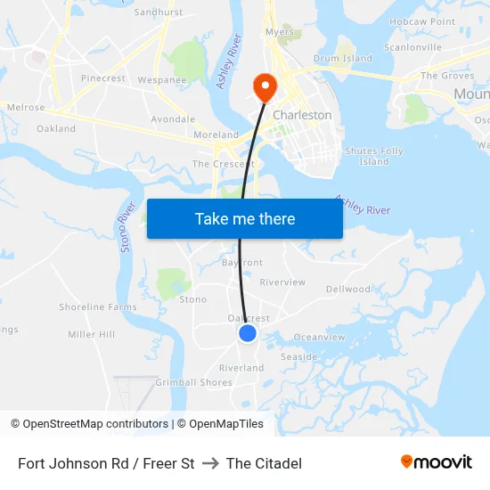 Fort Johnson Rd / Freer St to The Citadel map