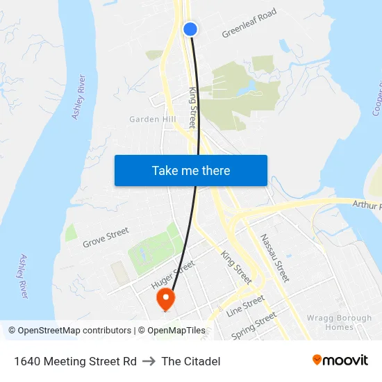 1640 Meeting Street Rd to The Citadel map
