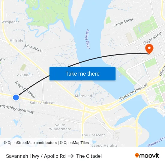 Savannah Hwy / Apollo Rd to The Citadel map