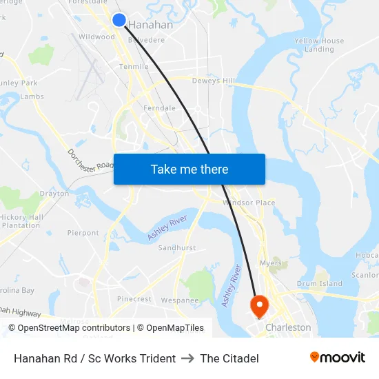 Hanahan Rd / Sc Works Trident to The Citadel map