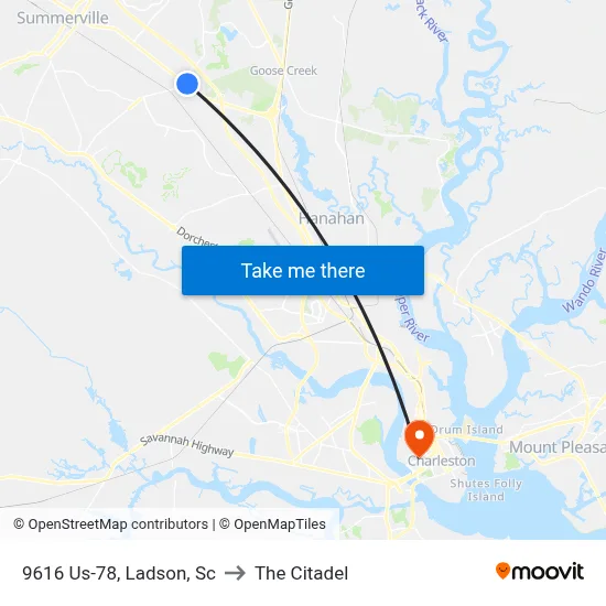9616 Us-78, Ladson, Sc to The Citadel map