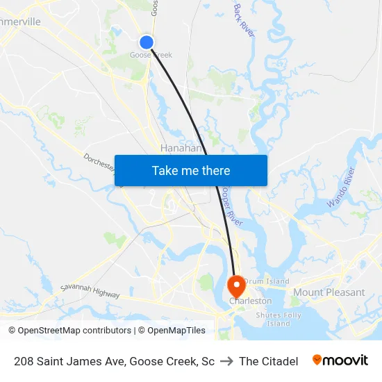 208 Saint James Ave, Goose Creek, Sc to The Citadel map