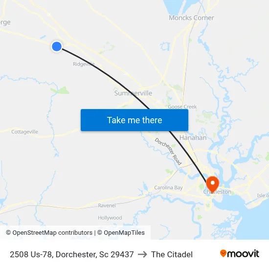 2508 Us-78, Dorchester, Sc 29437 to The Citadel map