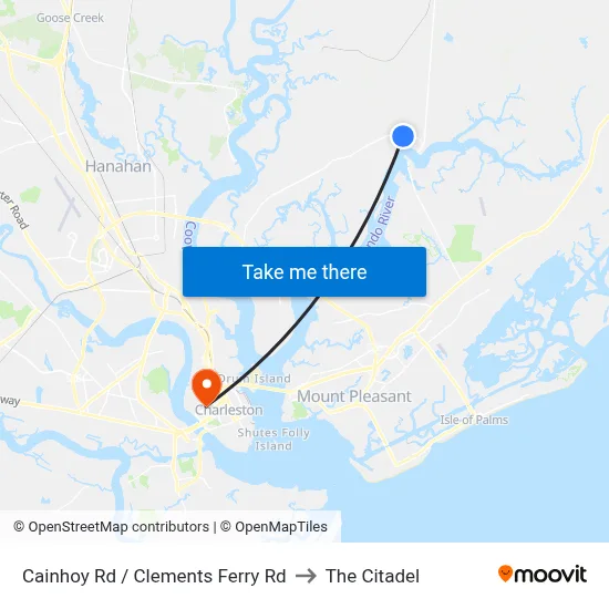 Cainhoy Rd / Clements Ferry Rd to The Citadel map