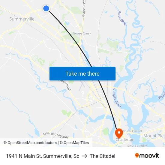 1941 N Main St, Summerville, Sc to The Citadel map