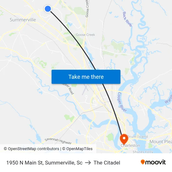 1950 N Main St, Summerville, Sc to The Citadel map